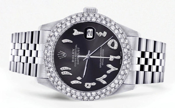 Mens Rolex Datejust Watch 16200 | 36Mm | Diamond Black Arabic Numeral Dial | Two Row 4.25 Carat Bezel | Jubilee Band