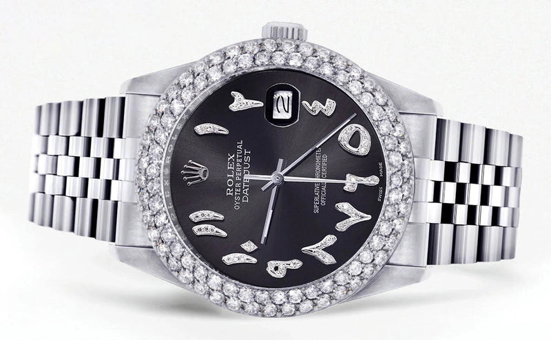 Mens Rolex Datejust Watch 16200 | 36Mm | Diamond Black Arabic Numeral Dial | Two Row 4.25 Carat Bezel | Jubilee Band