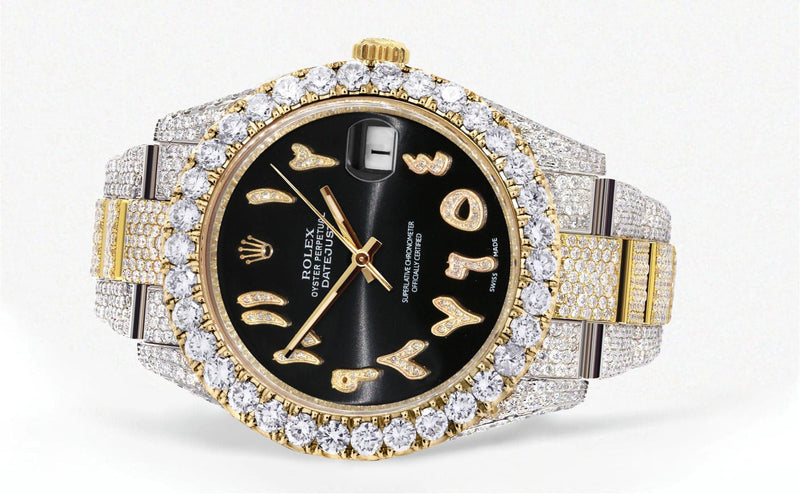 Diamond Iced Out Rolex Datejust 41 | 25 Carats Of Diamonds | Custom Black Arabic Numeral Diamond Dial | Two Tone | Oyster Band
