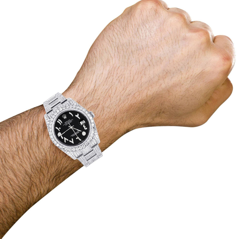 Iced Out Rolex Datejust 36 MM | Stainless Steel | 10 Carats of Diamonds | Black Arabic Diamond Dial | Oyster Band