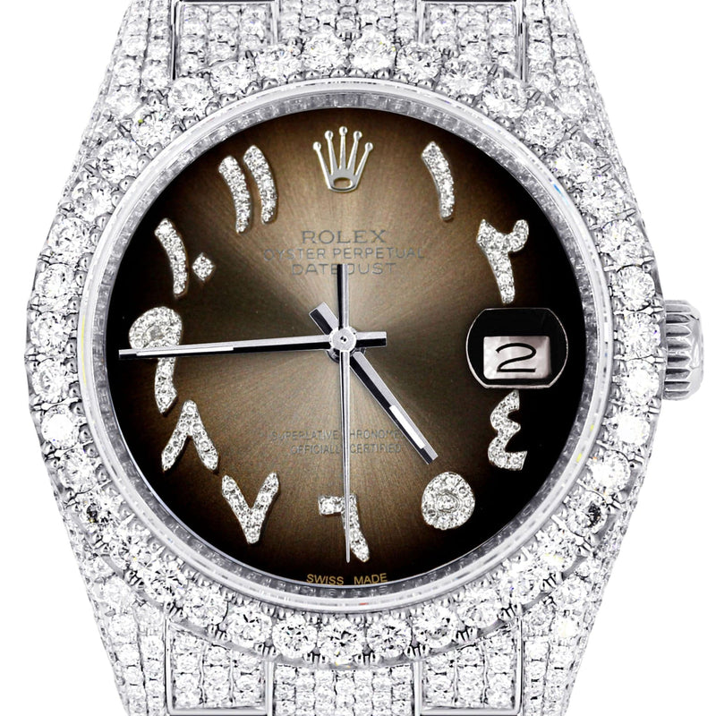 Iced Out Rolex Datejust 36 MM | Stainless Steel | 10 Carats of Diamonds | Brown Arabic Diamond Dial | Oyster Band