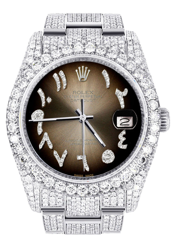 Iced Out Rolex Datejust 36 MM | Stainless Steel | 10 Carats of Diamonds | Brown Arabic Diamond Dial | Oyster Band
