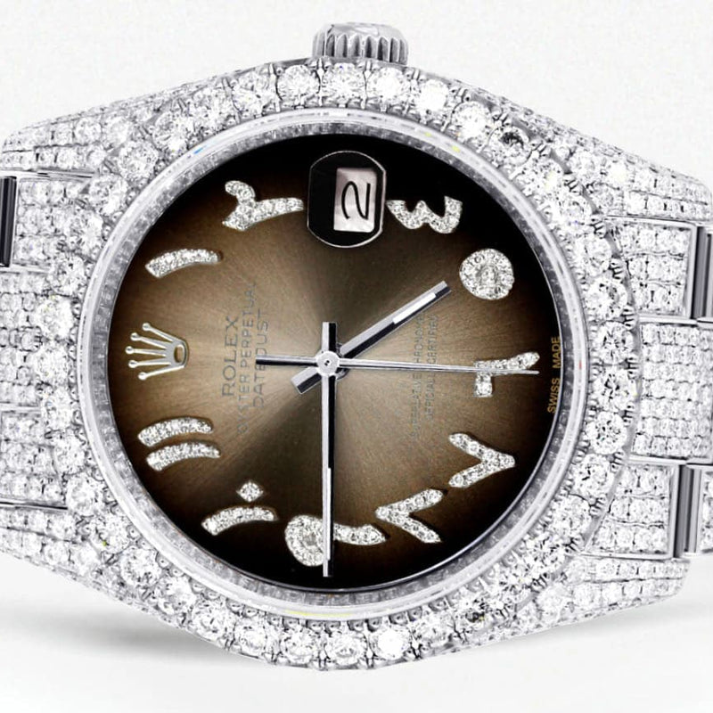 Iced Out Rolex Datejust 36 MM | Stainless Steel | 10 Carats of Diamonds | Brown Arabic Diamond Dial | Oyster Band