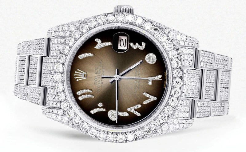 Iced Out Rolex Datejust 36 MM | Stainless Steel | 10 Carats of Diamonds | Brown Arabic Diamond Dial | Oyster Band