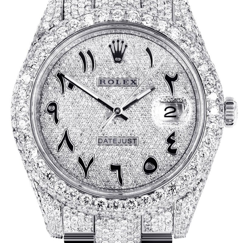 Womens Diamond Iced Out Rolex Datejust 41 | 25 Carats Of Diamonds | Custom Arabic Diamond Dial | Two Row | Oyster Band