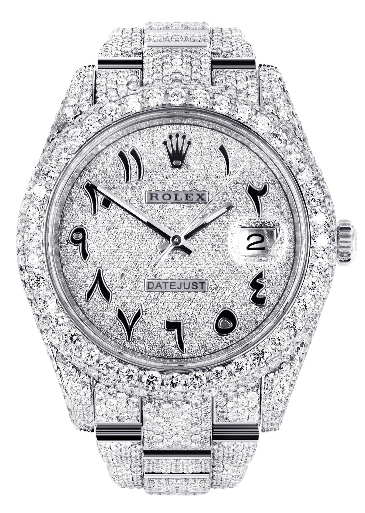 Womens Diamond Iced Out Rolex Datejust 41 | 25 Carats Of Diamonds | Custom Arabic Diamond Dial | Two Row | Oyster Band
