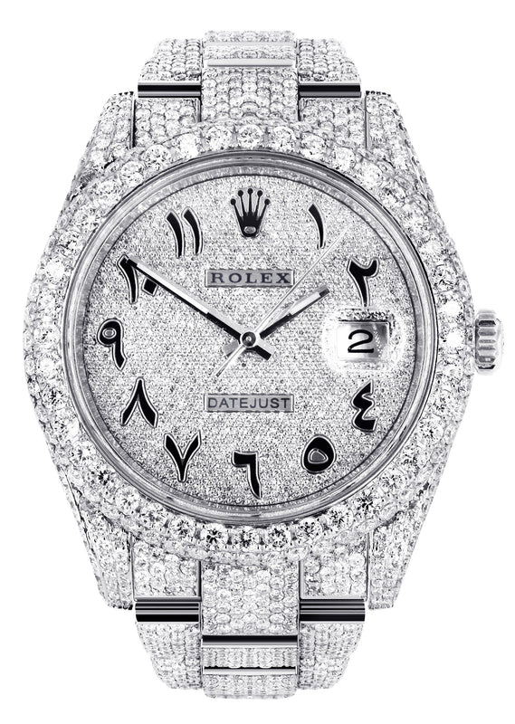 Womens Diamond Iced Out Rolex Datejust 41 | 25 Carats Of Diamonds | Custom Arabic Diamond Dial | Two Row | Oyster Band