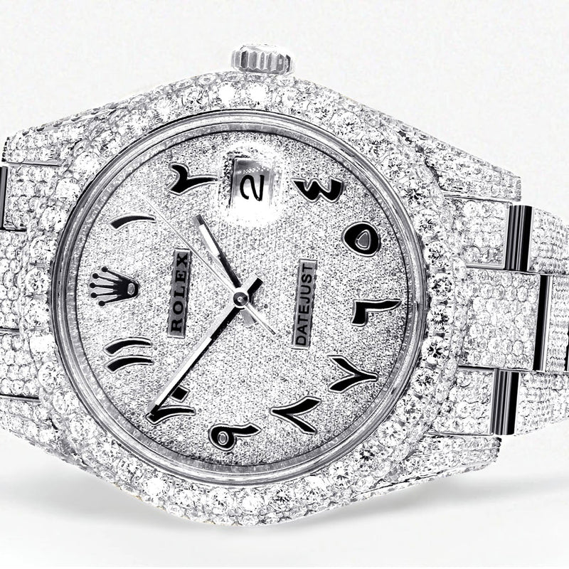 Womens Diamond Iced Out Rolex Datejust 41 | 25 Carats Of Diamonds | Custom Arabic Diamond Dial | Two Row | Oyster Band