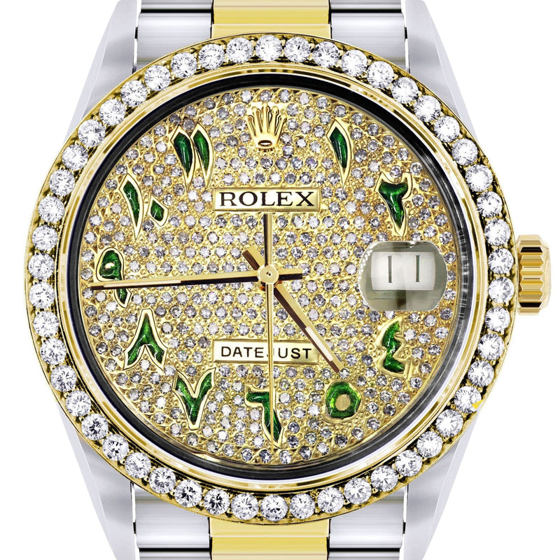 Diamond Gold Rolex Watch For Men 16233 | 36Mm | Custom Green Arabic Full Diamond Dial | Oyster Band