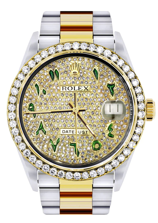 Diamond Gold Rolex Datejust Watch 16233 | 36MM | Custom Green Arabic Full Diamond Dial | Stainless Steel | Oyster Band
