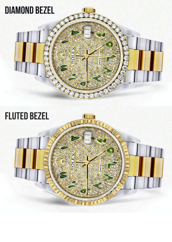 Diamond Gold Rolex Datejust Watch 16233 | 36MM | Custom Green Arabic Full Diamond Dial | Stainless Steel | Oyster Band