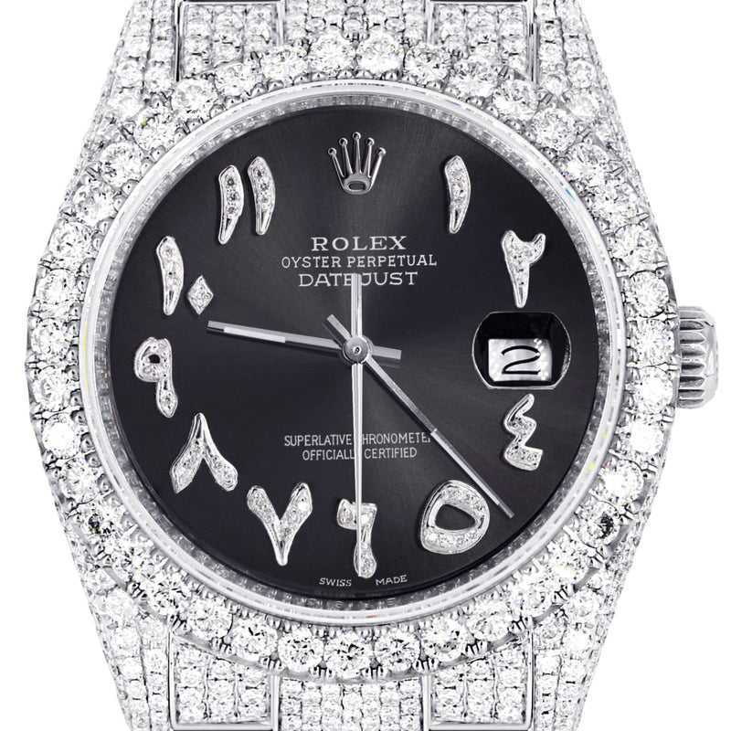Iced Out Rolex Datejust 36 MM | Stainless Steel | 16.5 Carats of Diamonds | Graphite Arabic Diamond Dial | Oyster Band | Model 116200