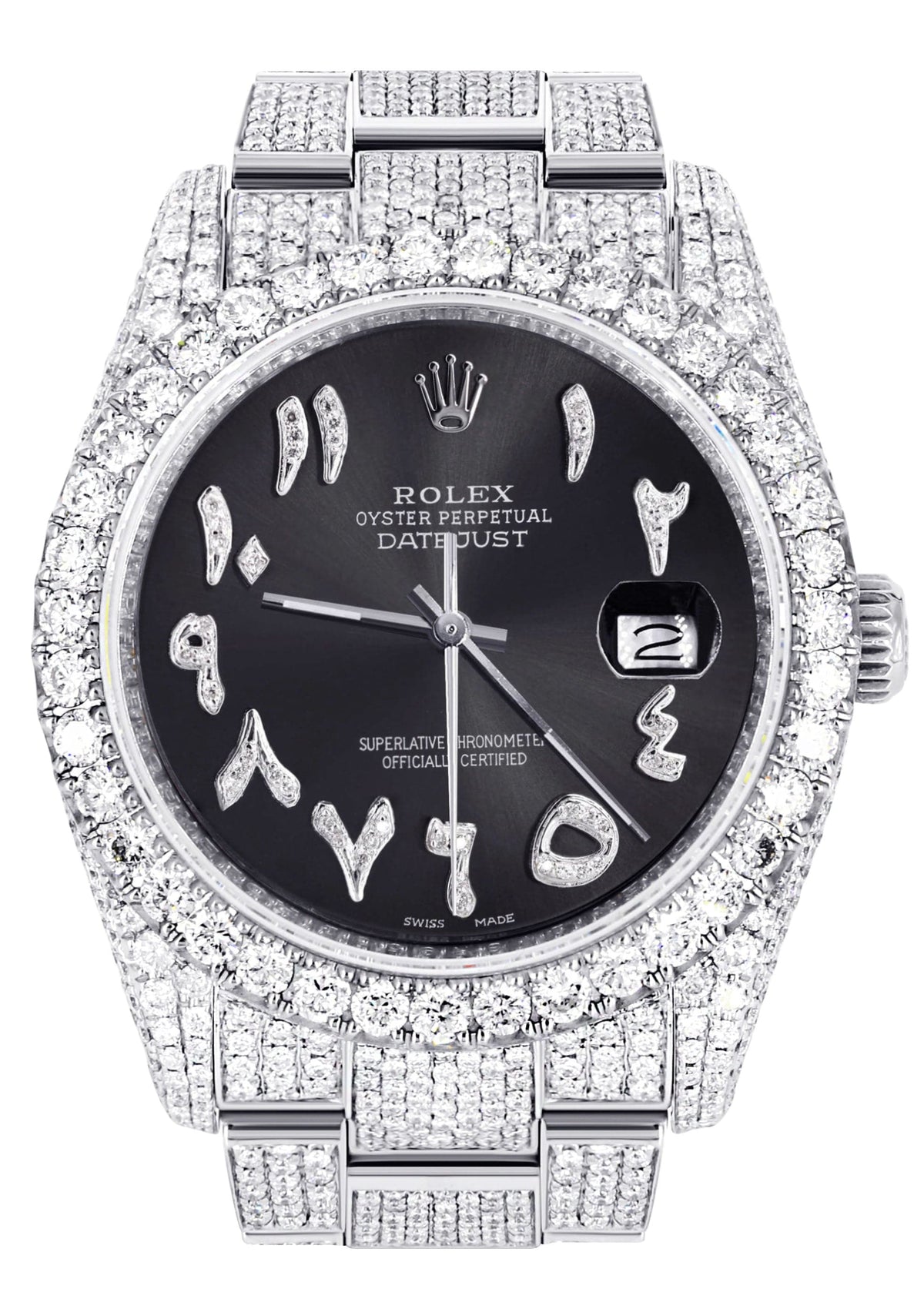 Iced Out Rolex Datejust 36 MM | Stainless Steel | 16.5 Carats of Diamonds | Graphite Arabic Diamond Dial | Oyster Band | Model 116200