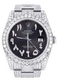 Iced Out Rolex Datejust 36 MM | Stainless Steel | 16.5 Carats of Diamonds | Graphite Arabic Diamond Dial | Oyster Band | Model 116200