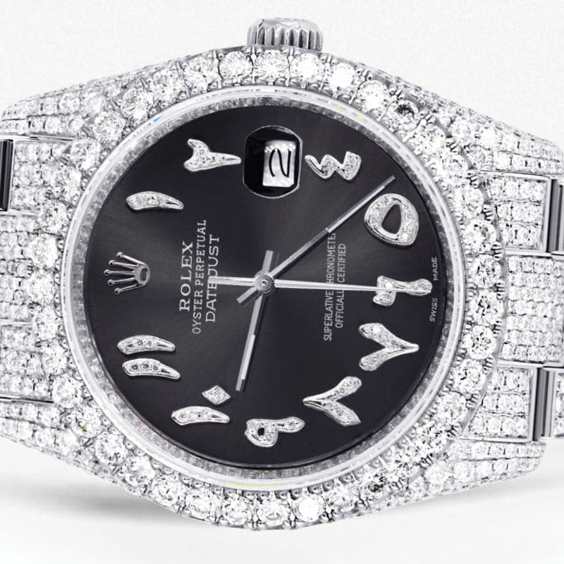 Iced Out Rolex Datejust 36 MM | Stainless Steel | 16.5 Carats of Diamonds | Graphite Arabic Diamond Dial | Oyster Band | Model 116200