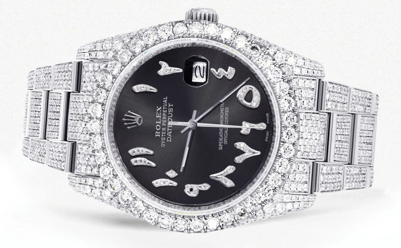 Iced Out Rolex Datejust 36 MM | Stainless Steel | 16.5 Carats of Diamonds | Graphite Arabic Diamond Dial | Oyster Band | Model 116200