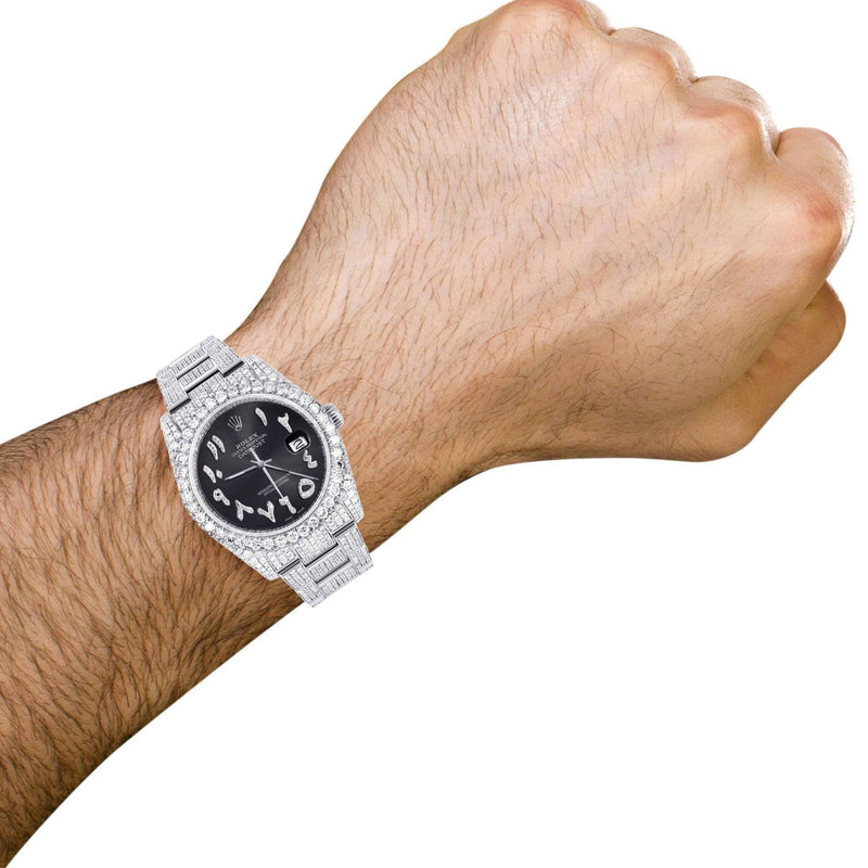 Iced Out Rolex Datejust 36 MM | Stainless Steel | 16.5 Carats of Diamonds | Graphite Arabic Diamond Dial | Oyster Band | Model 116200