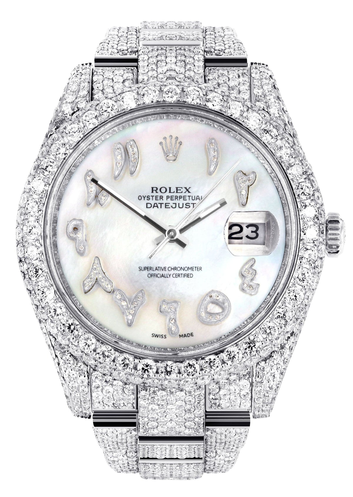 Diamond Iced Out Rolex Datejust 41 | 25 Carats Of Diamonds | Custom Mother of Pearl Arabic Numeral Diamond Dial | Two Row | Oyster Band