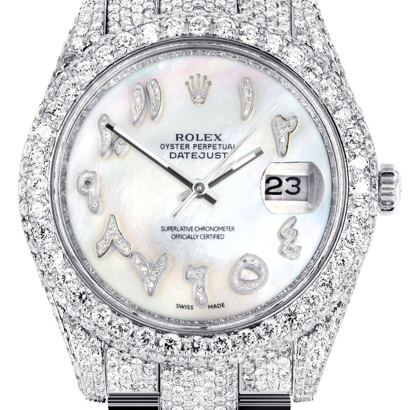 Womens Diamond Iced Out Rolex Datejust 41 | 25 Carats Of Diamonds | Custom Mother of Pearl Arabic Numeral Diamond Dial | Two Row | Oyster Band