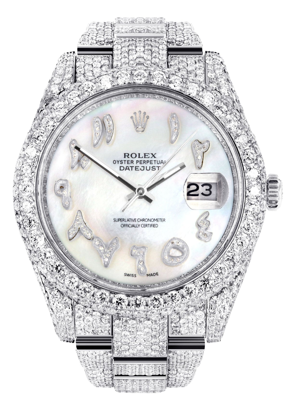 Womens Diamond Iced Out Rolex Datejust 41 | 25 Carats Of Diamonds | Custom Mother of Pearl Arabic Numeral Diamond Dial | Two Row | Oyster Band