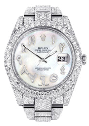 Womens Diamond Iced Out Rolex Datejust 41 | 25 Carats Of Diamonds | Custom Mother of Pearl Arabic Numeral Diamond Dial | Two Row | Oyster Band