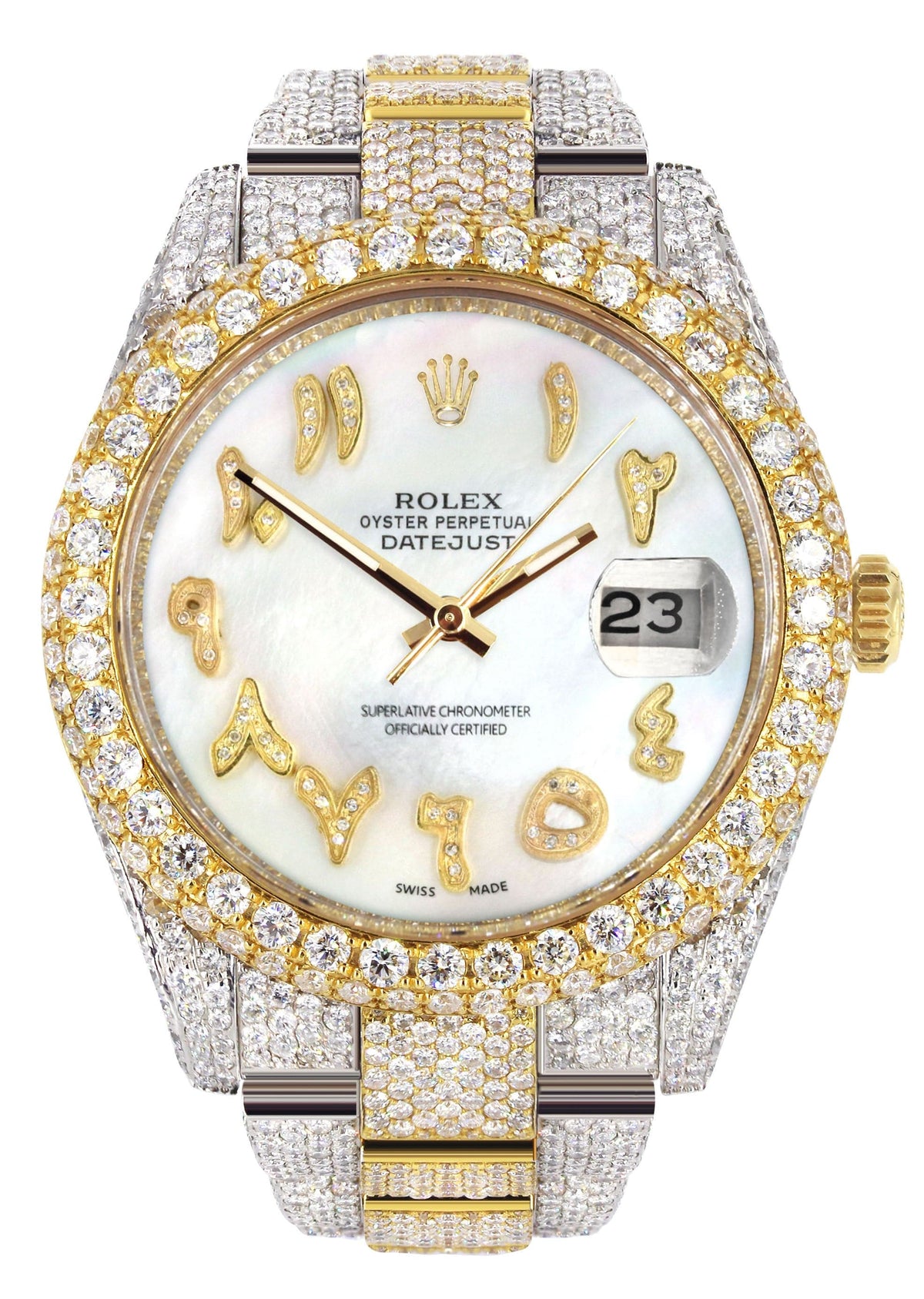 Diamond Iced Out Rolex Datejust 41 | 25 Carats Of Diamonds | Custom Mother of Pearl Arabic Numeral Diamond Dial | Two Tone | Two Row | Oyster Band
