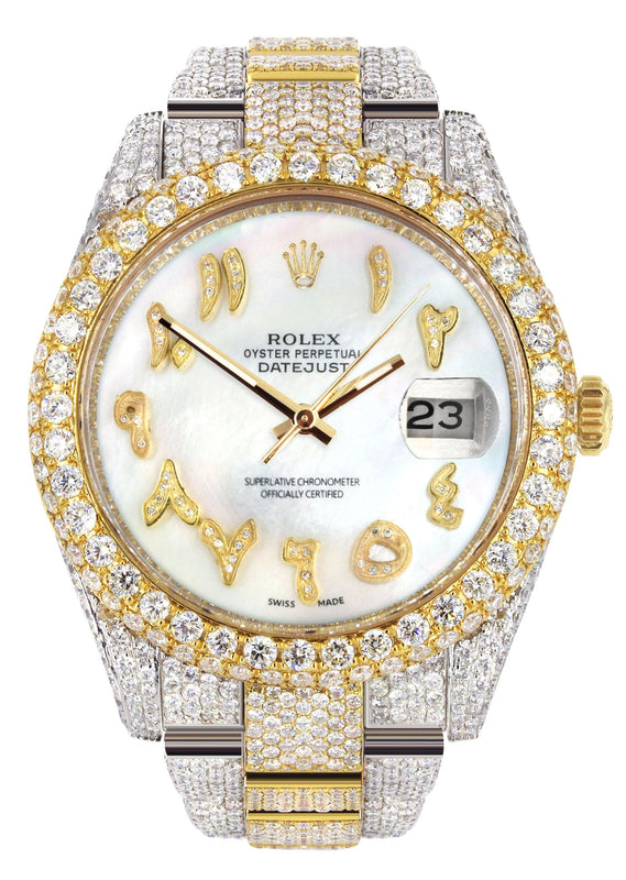 Diamond Iced Out Rolex Datejust 41 | 25 Carats Of Diamonds | Custom Mother of Pearl Arabic Numeral Diamond Dial | Two Tone | Two Row | Oyster Band