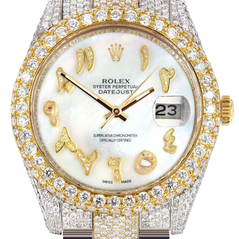 Womens Diamond Iced Out Rolex Datejust 41 | 25 Carats Of Diamonds | Custom Mother of Pearl Arabic Numeral Diamond Dial | Two Tone | Two Row | Oyster Band