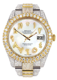 Womens Diamond Iced Out Rolex Datejust 41 | 25 Carats Of Diamonds | Custom Mother of Pearl Arabic Numeral Diamond Dial | Two Tone | Two Row | Oyster Band