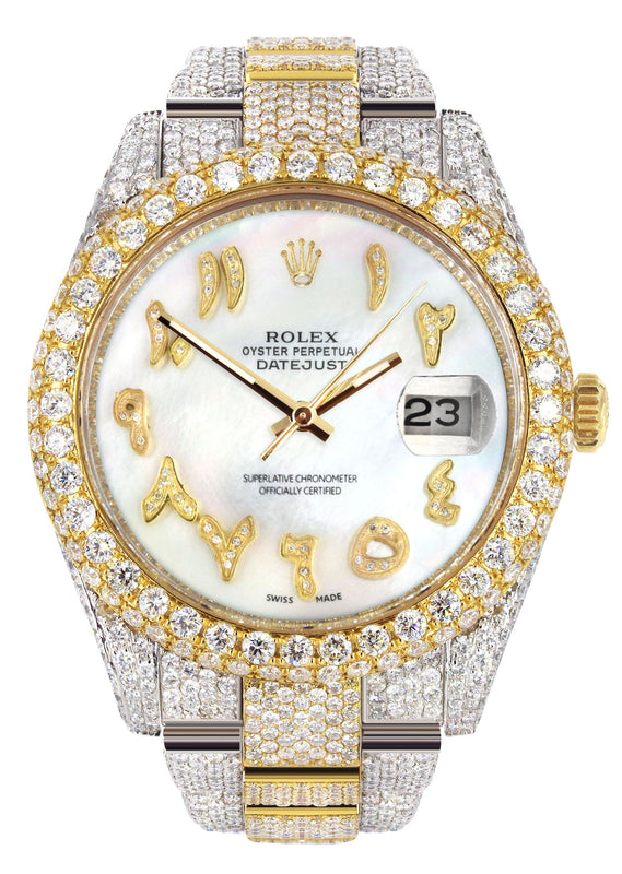 Womens Diamond Iced Out Rolex Datejust 41 | 25 Carats Of Diamonds | Custom Mother of Pearl Arabic Numeral Diamond Dial | Two Tone | Two Row | Oyster Band