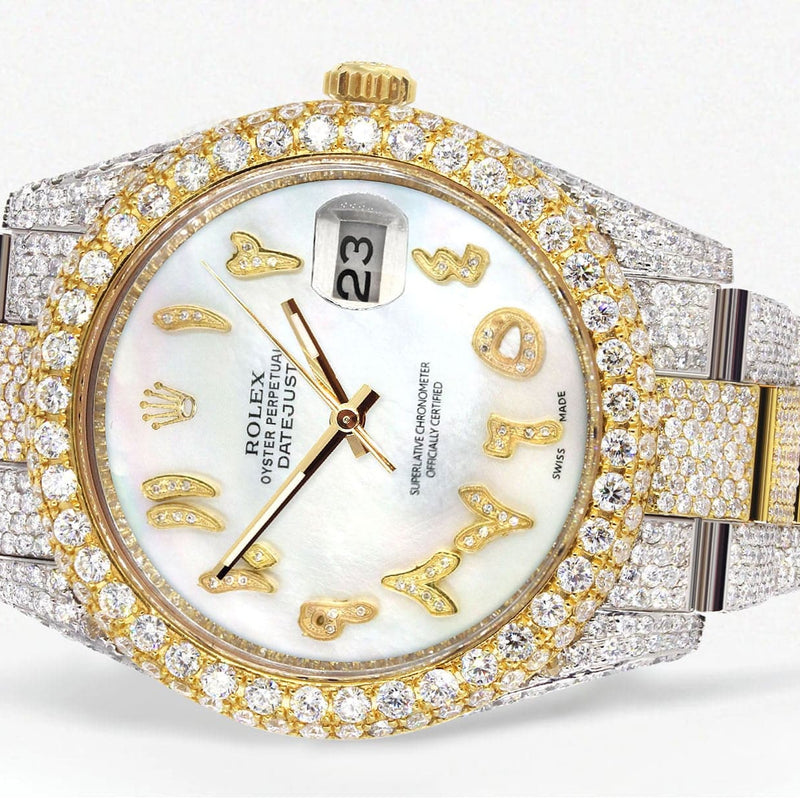 Diamond Iced Out Rolex Datejust 41 | 25 Carats Of Diamonds | Custom Mother of Pearl Arabic Numeral Diamond Dial | Two Tone | Two Row | Oyster Band