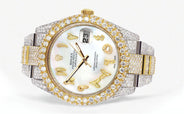 Diamond Iced Out Rolex Datejust 41 | 25 Carats Of Diamonds | Custom Mother of Pearl Arabic Numeral Diamond Dial | Two Tone | Two Row | Oyster Band