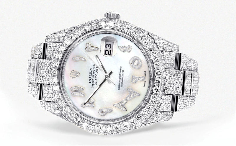 Diamond Iced Out Rolex Datejust 41 | 25 Carats Of Diamonds | Custom Mother of Pearl Arabic Numeral Diamond Dial | Two Row | Oyster Band