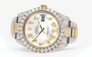 Diamond Iced Out Rolex Datejust 41 | 25 Carats Of Diamonds | Custom Mother of Pearl Arabic Numeral Diamond Dial | Two Tone | Oyster Band