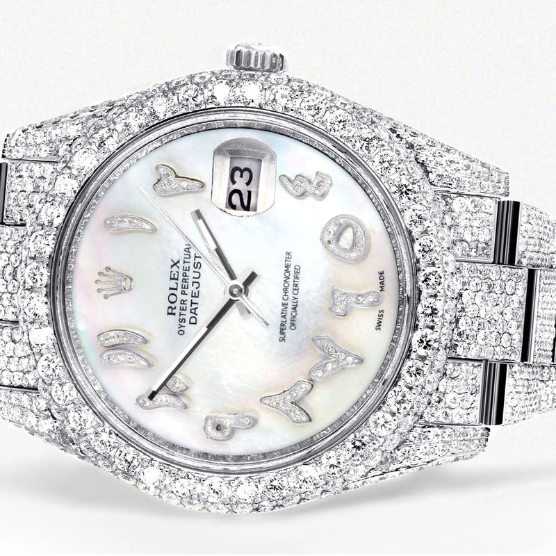 Womens Diamond Iced Out Rolex Datejust 41 | 25 Carats Of Diamonds | Custom Mother of Pearl Arabic Numeral Diamond Dial | Two Row | Oyster Band