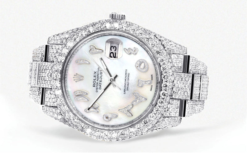 Womens Diamond Iced Out Rolex Datejust 41 | 25 Carats Of Diamonds | Custom Mother of Pearl Arabic Numeral Diamond Dial | Two Row | Oyster Band