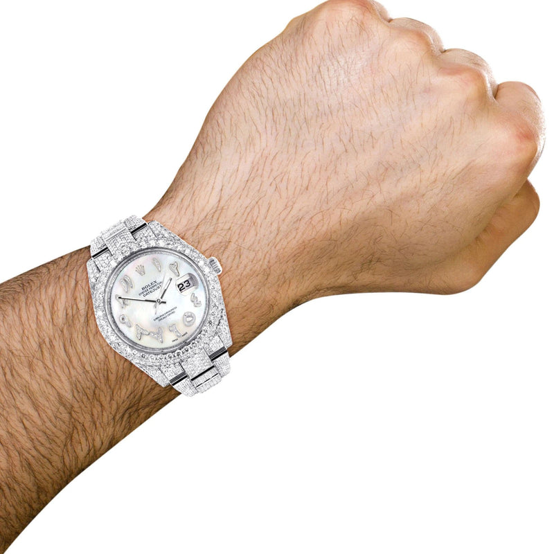 Diamond Iced Out Rolex Datejust 41 | 25 Carats Of Diamonds | Custom Mother of Pearl Arabic Numeral Diamond Dial | Two Row | Oyster Band