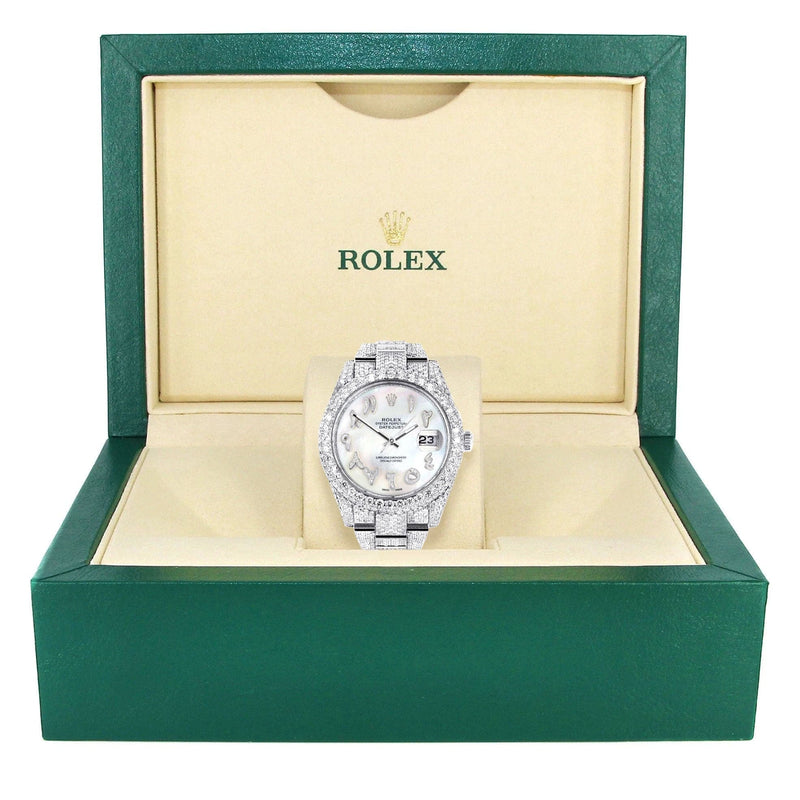 Diamond Iced Out Rolex Datejust 41 | 25 Carats Of Diamonds | Custom Mother of Pearl Arabic Numeral Diamond Dial | Two Row | Oyster Band