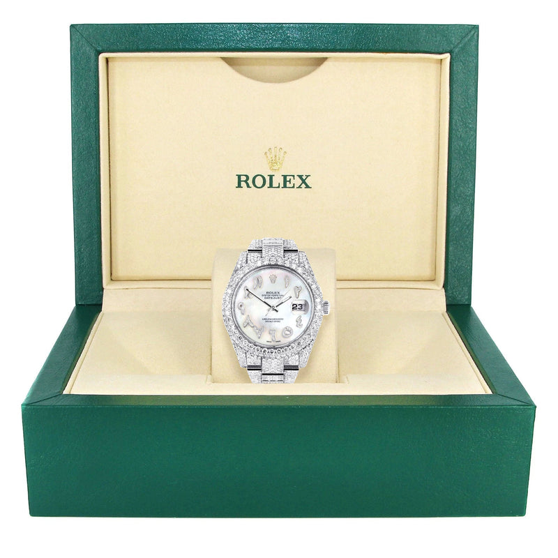 Womens Diamond Iced Out Rolex Datejust 41 | 25 Carats Of Diamonds | Custom Mother of Pearl Arabic Numeral Diamond Dial | Two Row | Oyster Band
