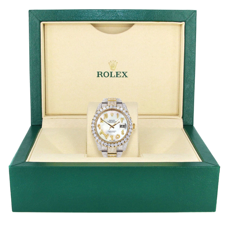 Diamond Iced Out Rolex Datejust 41 | 25 Carats Of Diamonds | Custom Mother of Pearl Arabic Numeral Diamond Dial | Two Tone | Oyster Band