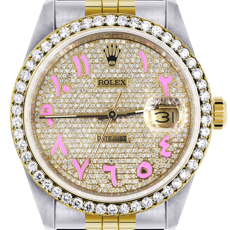 Diamond Gold Rolex Watch For Men 16233 | 36Mm | Custom Pink Arabic Full Diamond Dial | Jubilee Band