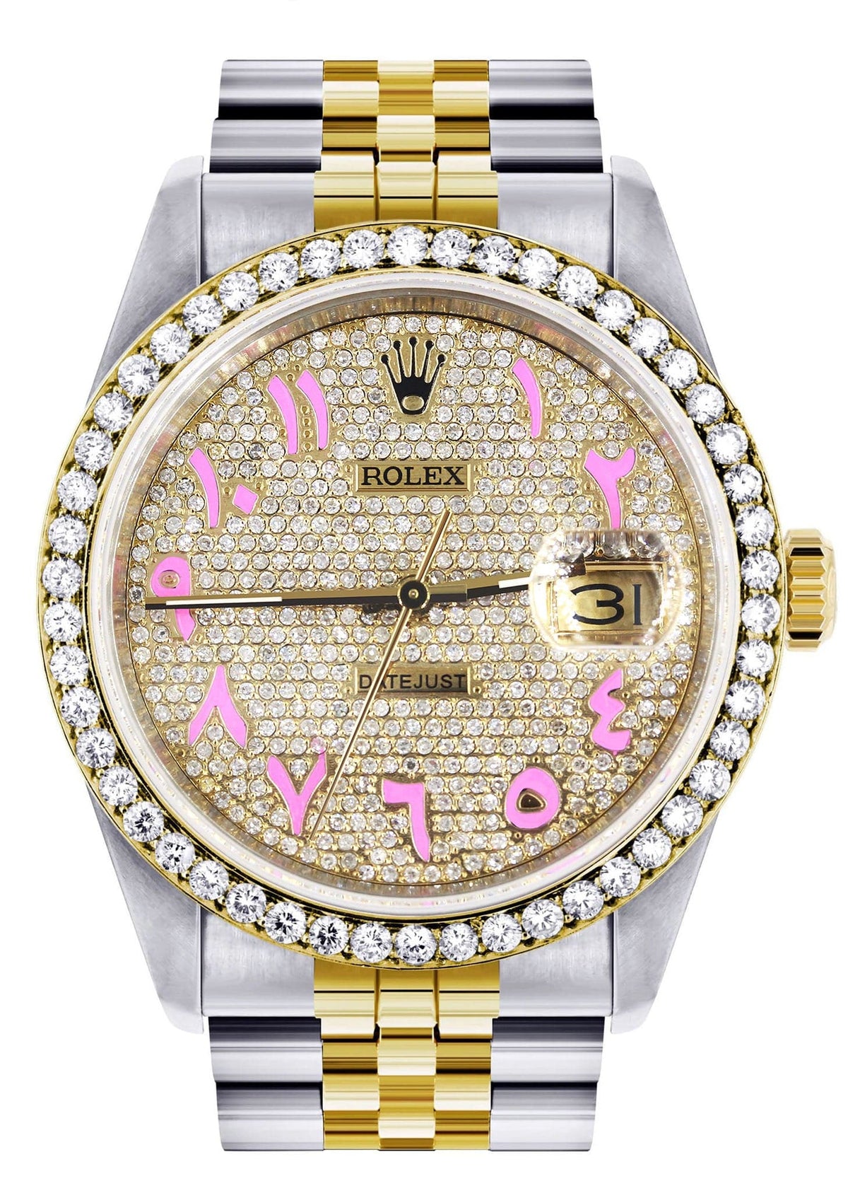 Diamond Gold Rolex Watch For Men 16233 | 36Mm | Custom Pink Arabic Full Diamond Dial | Jubilee Band