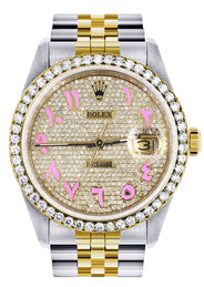 Diamond Gold Rolex Watch For Men 16233 | 36Mm | Custom Pink Arabic Full Diamond Dial | Jubilee Band