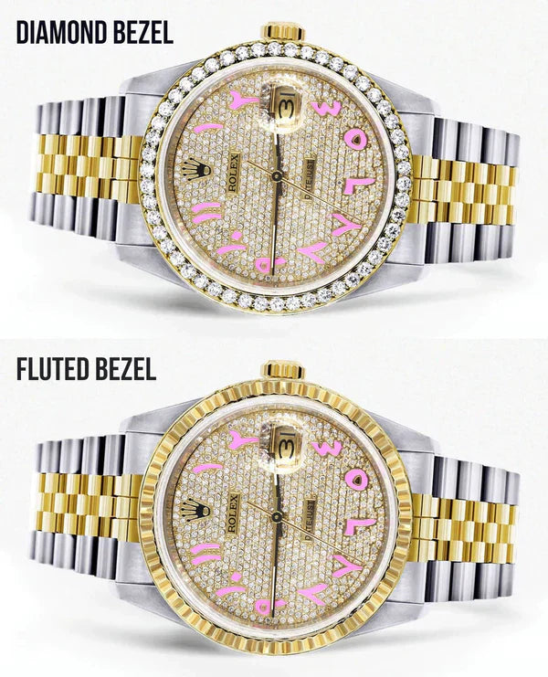 Diamond Gold Rolex Datejust Watch 16233 | 36MM | Pink Arabic Full Diamond Dial | Stainless Steel | Jubilee Band