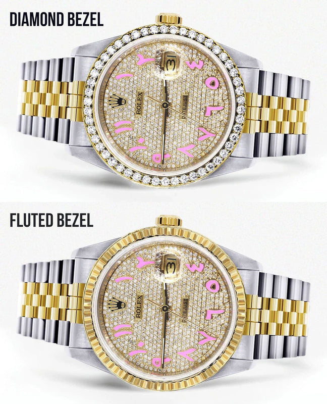 Diamond Gold Rolex Watch For Men 16233 | 36Mm | Custom Pink Arabic Full Diamond Dial | Jubilee Band
