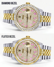 Womens Gold Rolex Watch 16233 | 36Mm | Custom Pink Arabic Full Diamond Dial | Jubilee Band