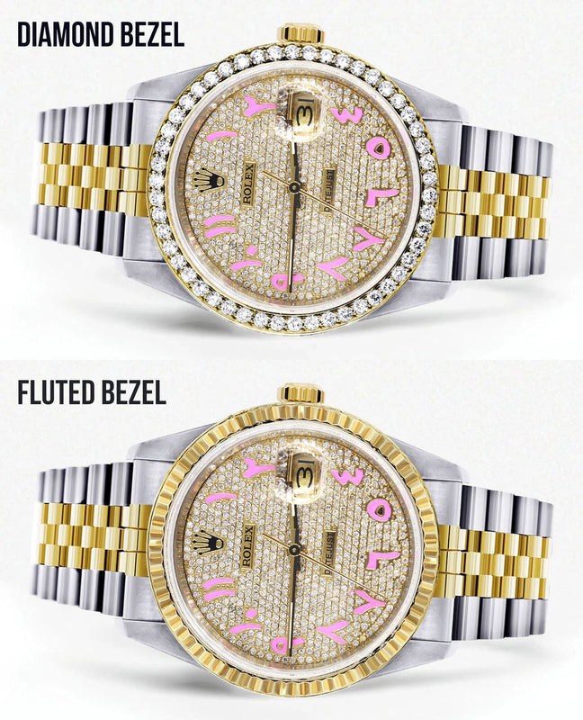 Womens Gold Rolex Watch 16233 | 36Mm | Custom Pink Arabic Full Diamond Dial | Jubilee Band