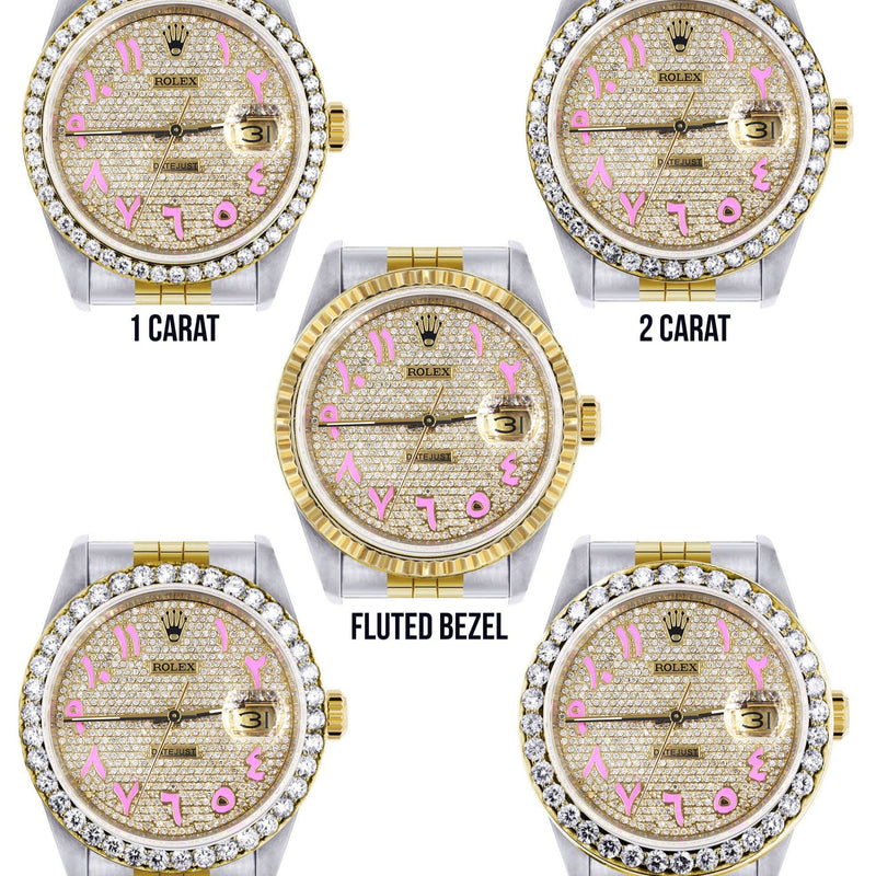 Womens Gold Rolex Watch 16233 | 36Mm | Custom Pink Arabic Full Diamond Dial | Jubilee Band