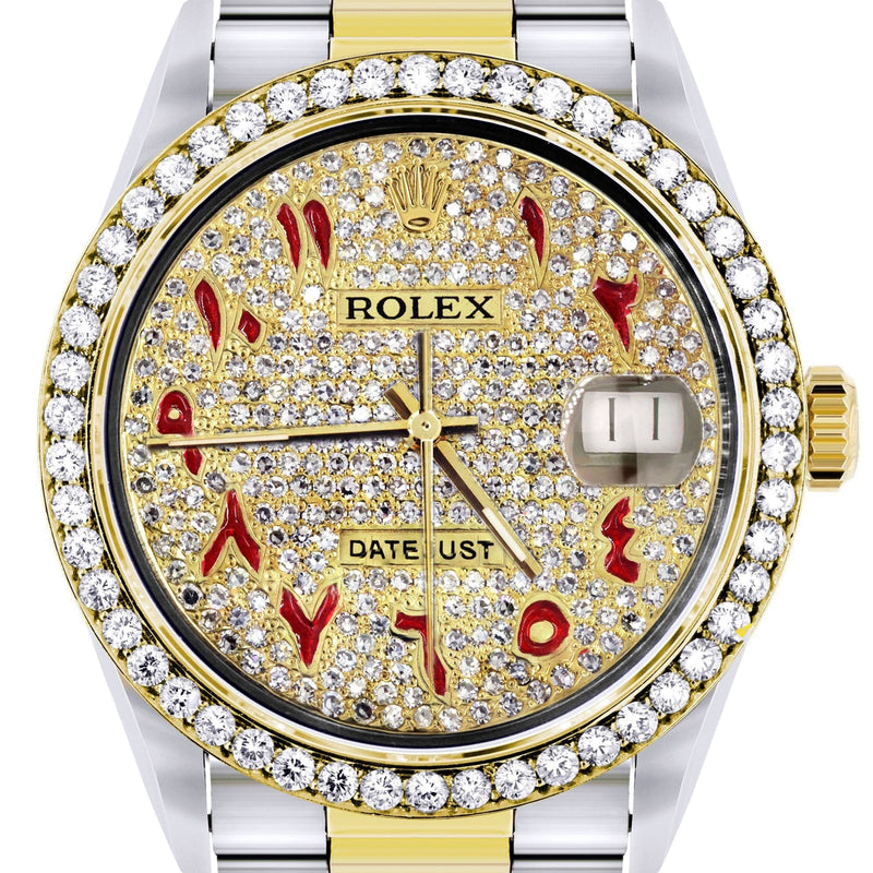 Diamond Gold Rolex Watch For Men 16233 | 36Mm | Custom Red Arabic Full Diamond Dial | Oyster Band