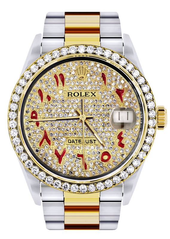 Diamond Gold Rolex Watch For Men 16233 | 36Mm | Custom Red Arabic Full Diamond Dial | Oyster Band